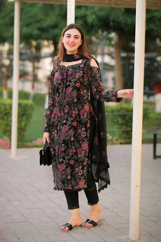 Fully Embroidered 3PC Lawn With Bamber Chiffon EMB Dupatta - DH1147