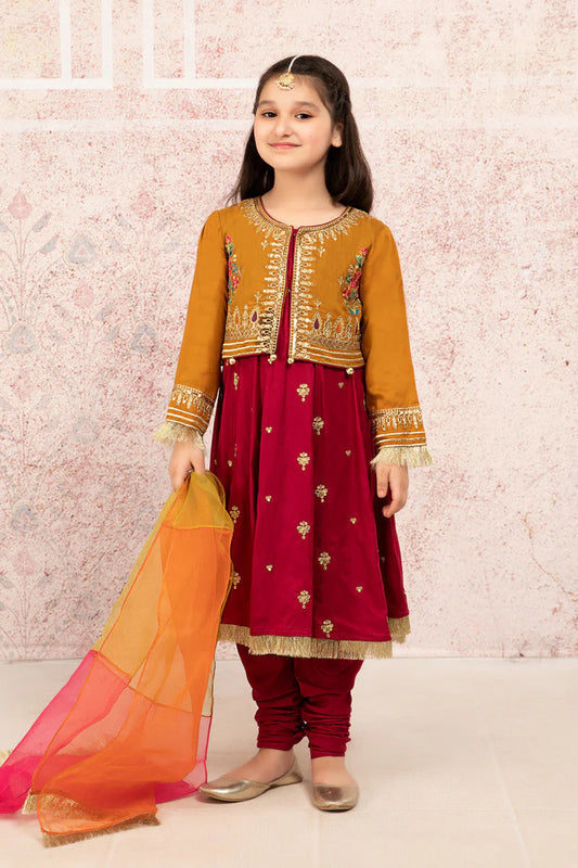 Kids 3PC Embroidered Lawn Dress With Net Dupatta - Unstitched - AL321